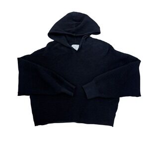 Offline by Aerie Womens XS Black Ribbed Knit Cropped Hoodie Sweater Thumbholes